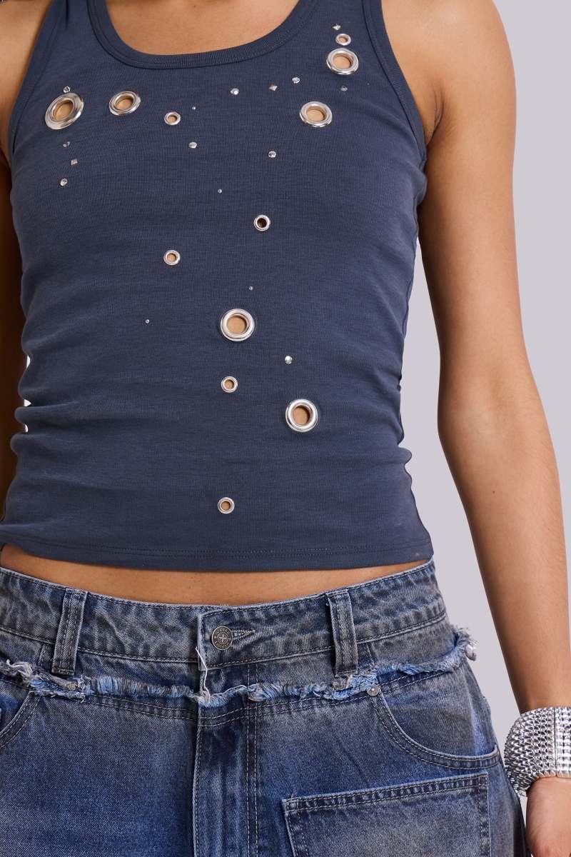 Jaded London Eye Contact Vest Top With Eyelets In Grey Grey