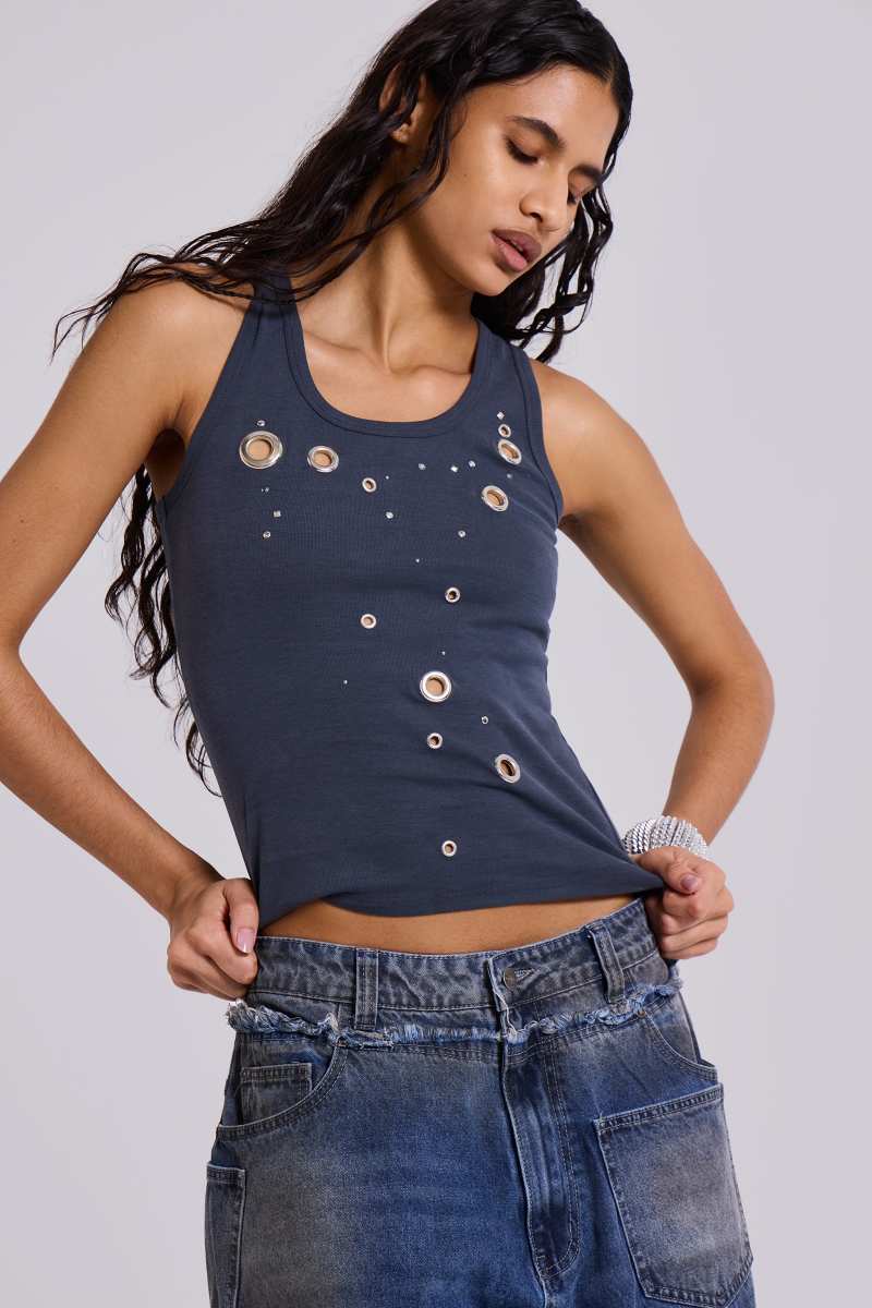 Jaded London Eye Contact Vest Top With Eyelets In Grey Grey