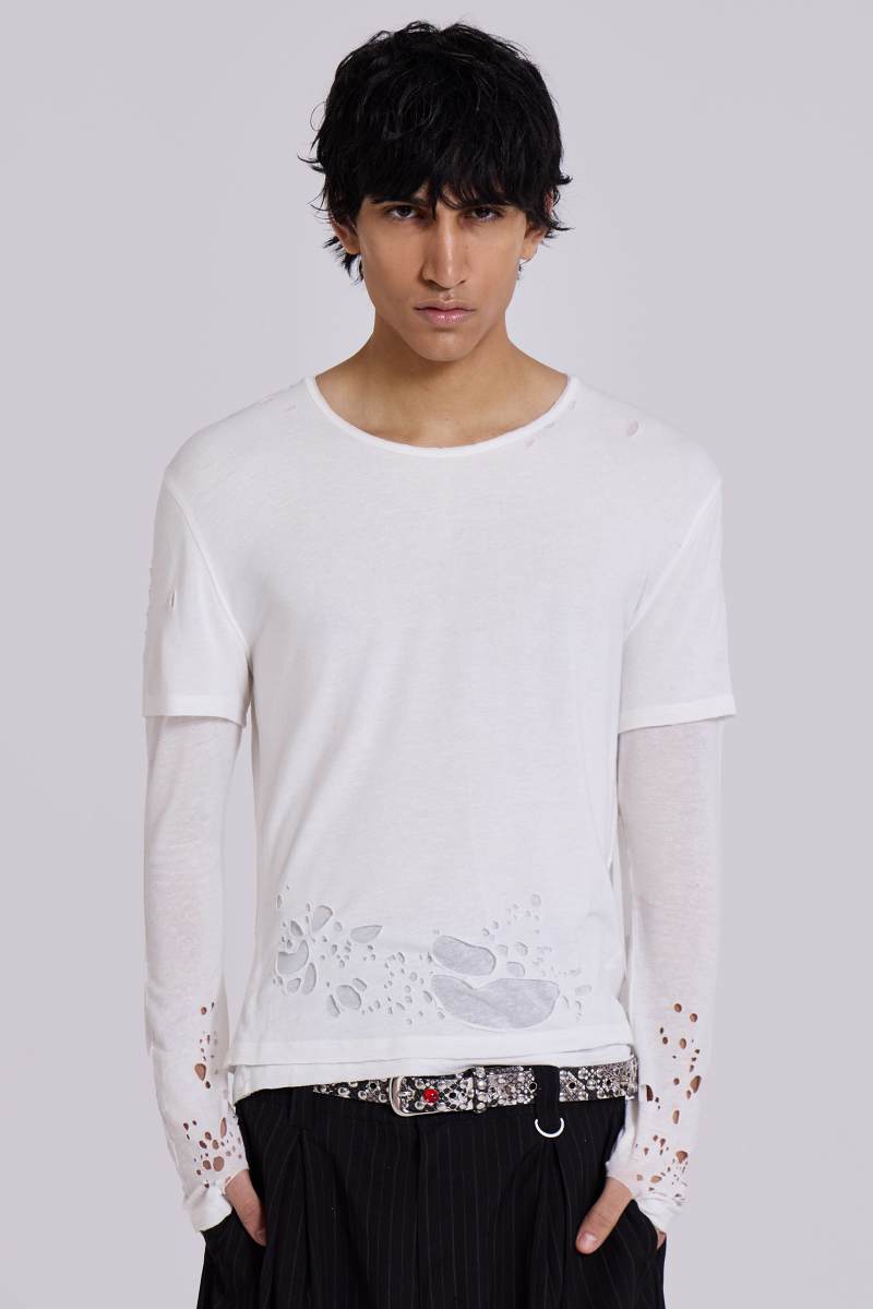 jaded london Ghost Double Layer Mist Long Sleeve Top White