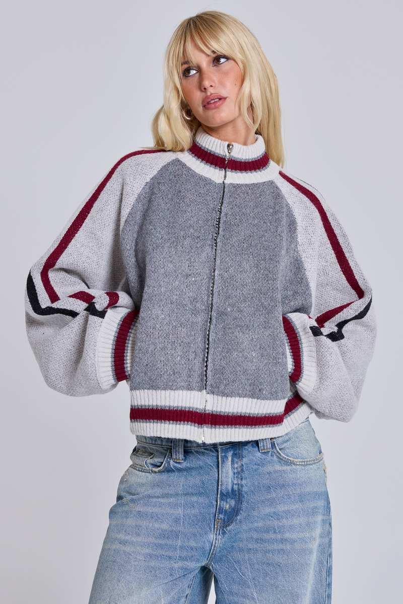 Jaded London Grey Team 85 Knitted Bomber Jacket Grey