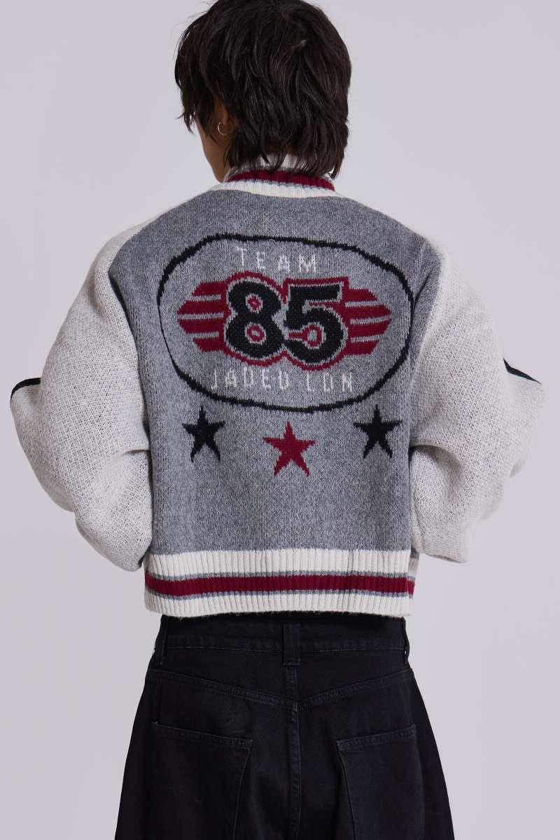 Jaded London Grey Team 85 Knitted Bomber Jacket Multi