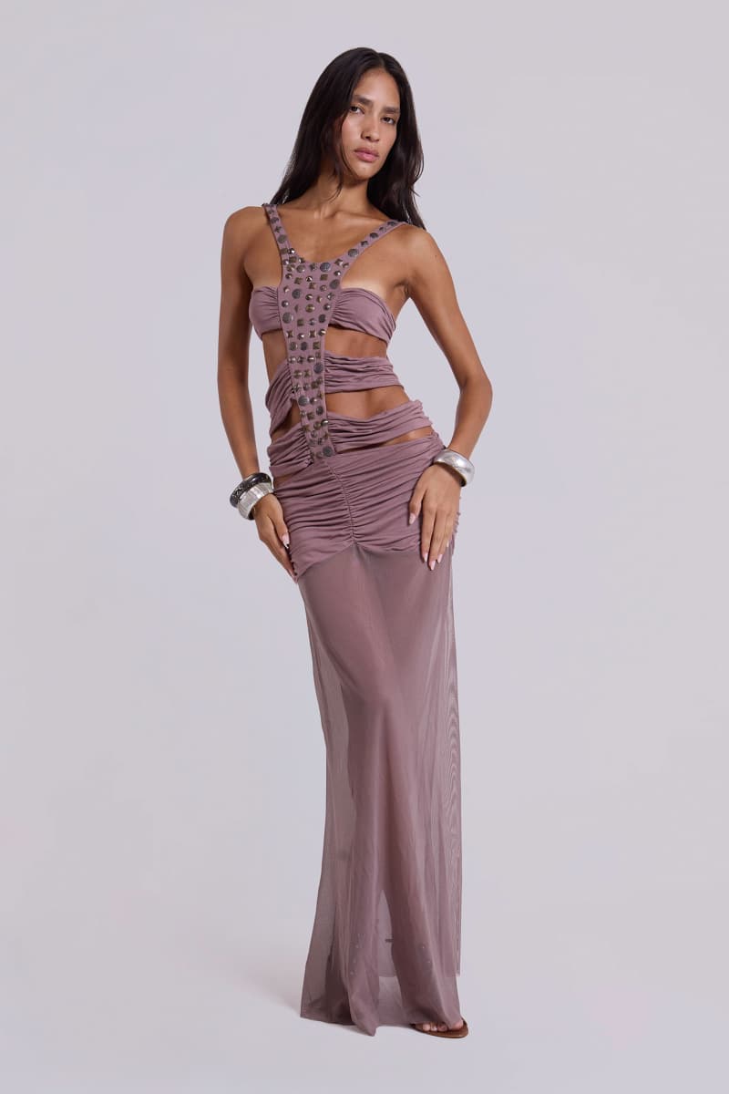 Jaded London Hadassa Cut Out Hand Beaded Maxi Dress Mauve