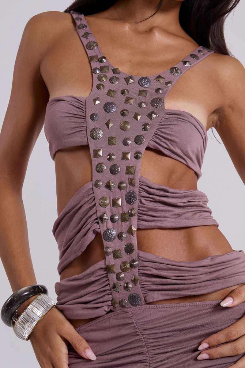 Jaded London Hadassa Cut Out Hand Beaded Maxi Dress Mauve