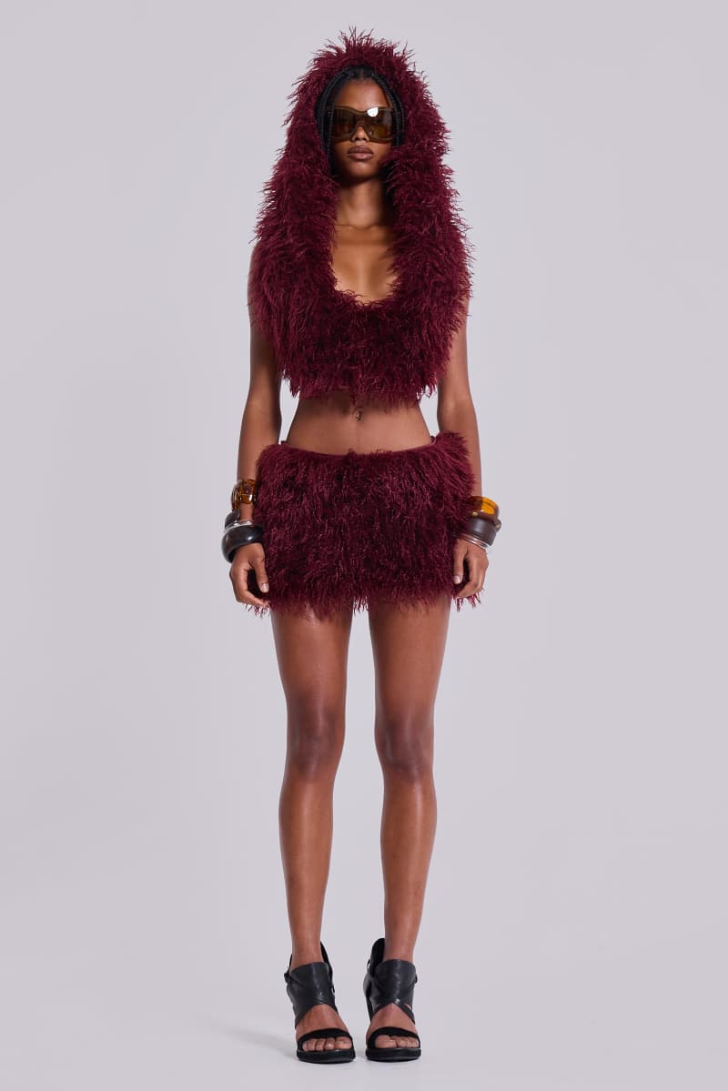 Jaded London Haka Mongolian Faux Fur Backless Top In Wine Red