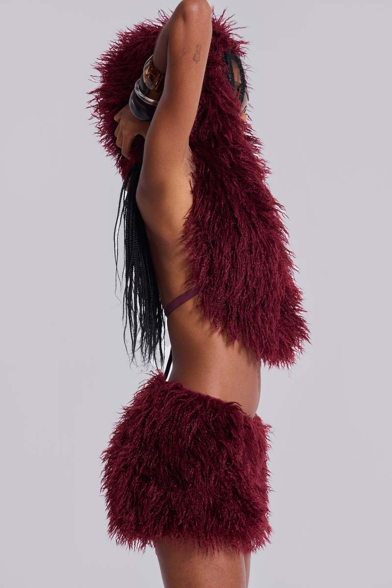 Jaded London Haka Mongolian Faux Fur Backless Top In Wine Red