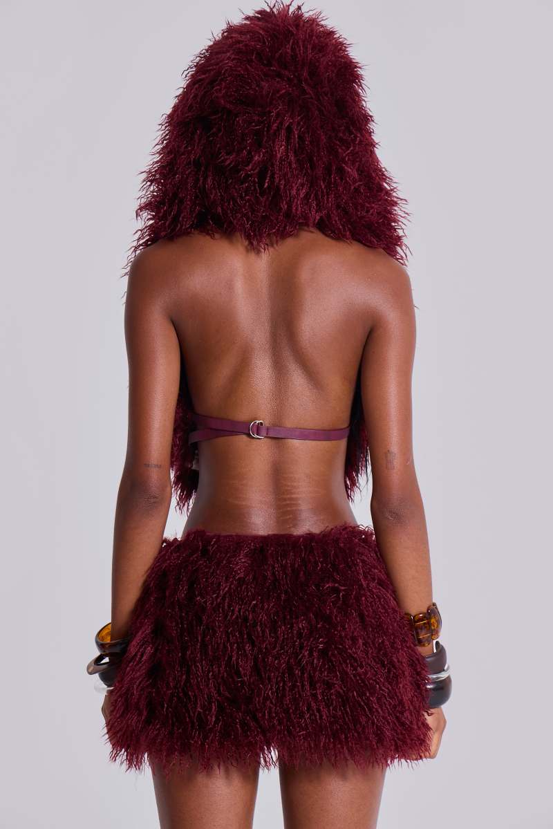 jaded london Haka Mongolian Faux Fur Backless Top in Wine Red
