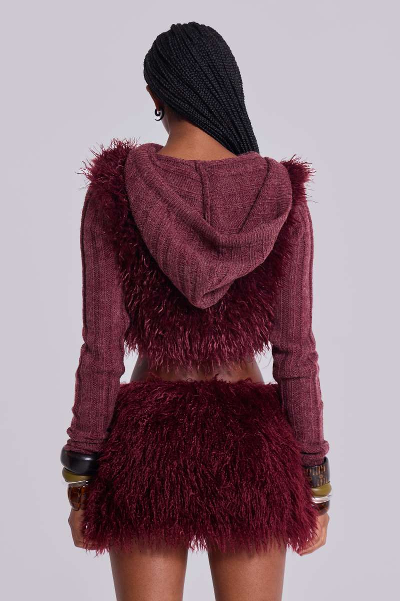 Jaded London Haka Mongolian Faux Fur Knit Shrug In Wine Burgundy