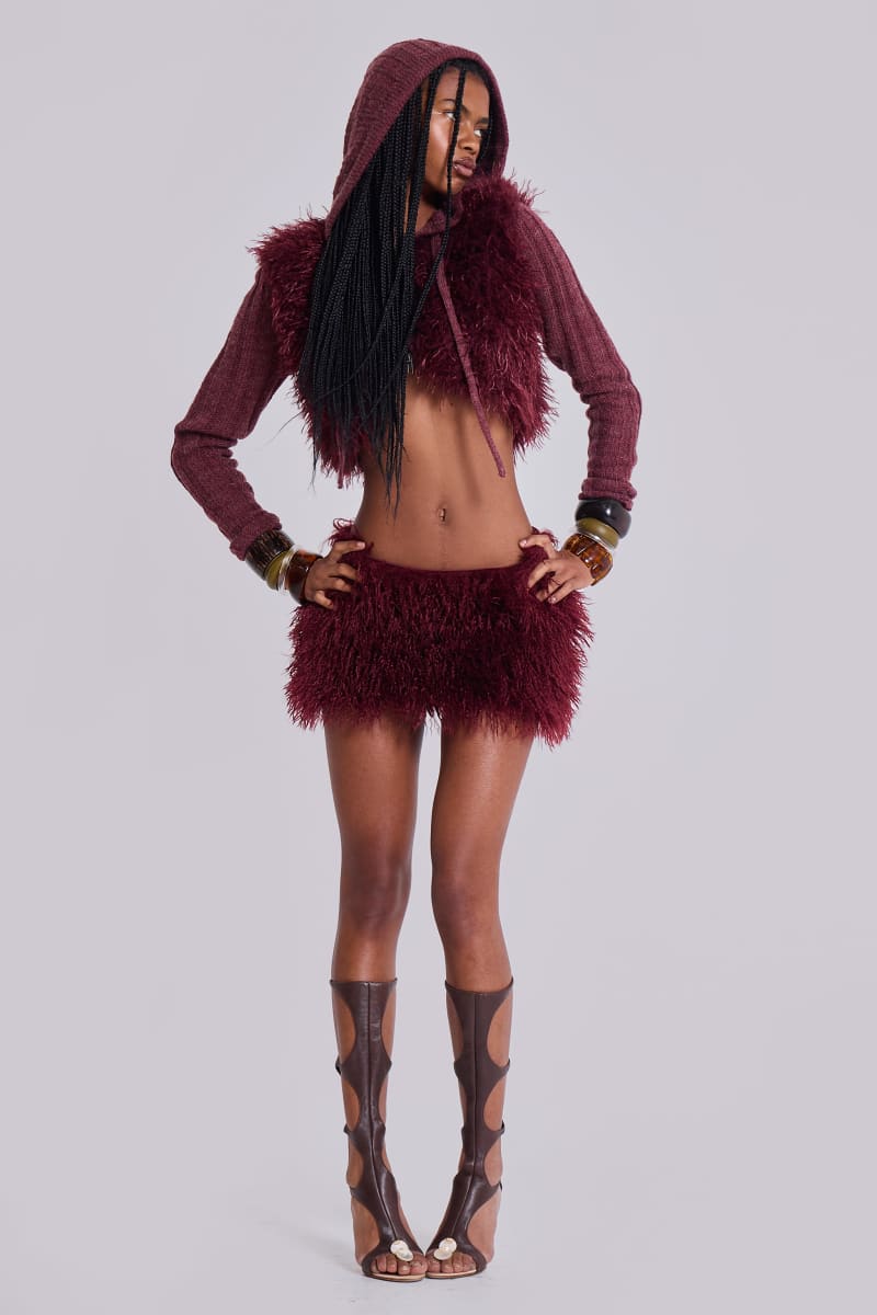 jaded london Haka Mongolian Faux Fur Knit Shrug in Wine Burgundy