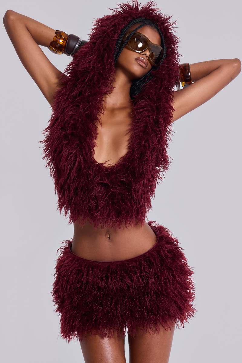 Jaded London Haka Mongolian Faux Fur Mini Skirt In Wine Burgundy