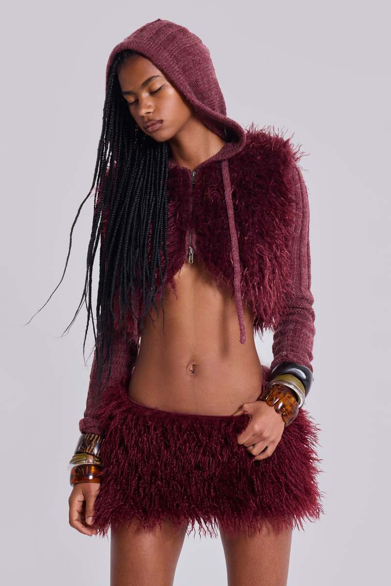jaded london Haka Mongolian Faux Fur Mini Skirt in Wine Burgundy