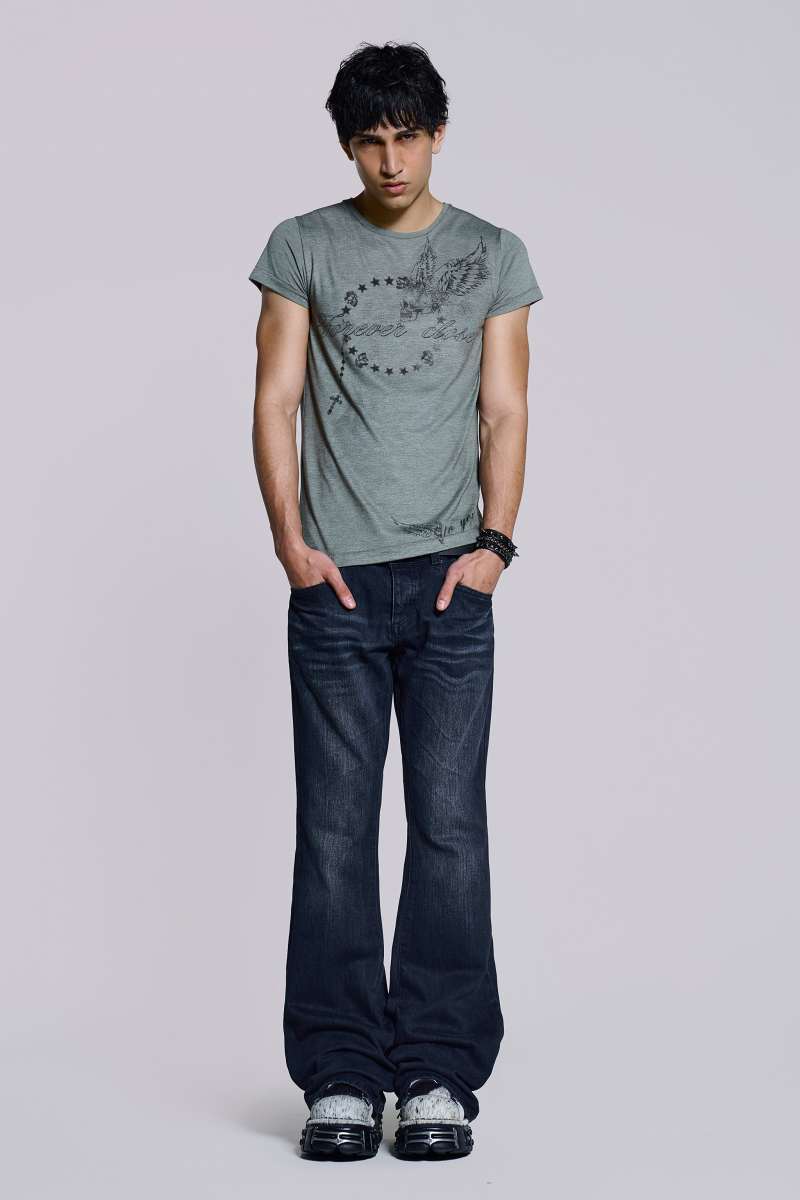 Jaded London Indigo Creased Drift Flared Jeans Blue