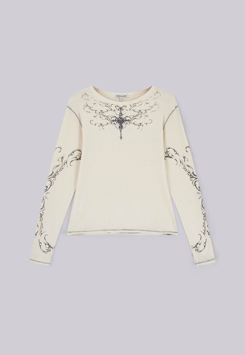 jaded london Ines Waffle White Long Sleeve Top White