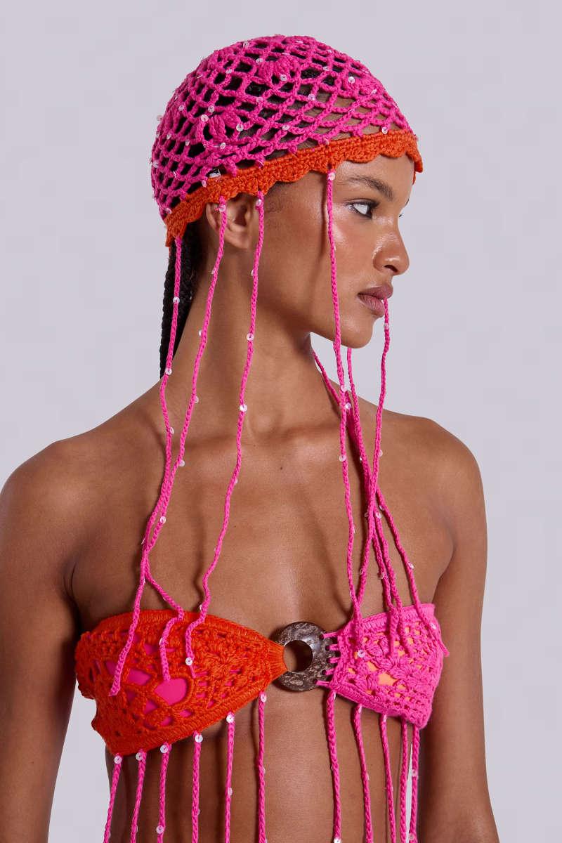 Jaded London Aurea Crochet Fringe Sequin Hat Pink