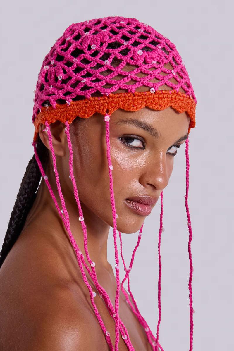 Jaded London Aurea Crochet Fringe Sequin Hat Pink