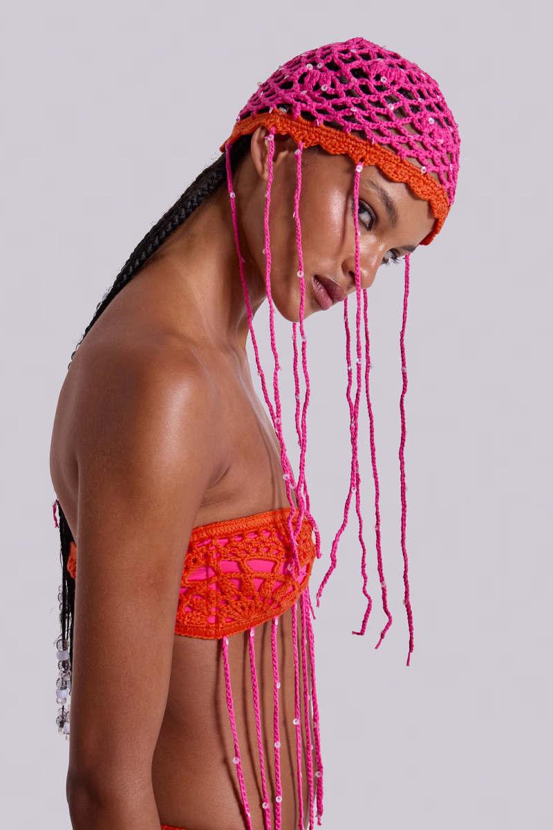 Jaded London Aurea Crochet Fringe Sequin Hat Pink