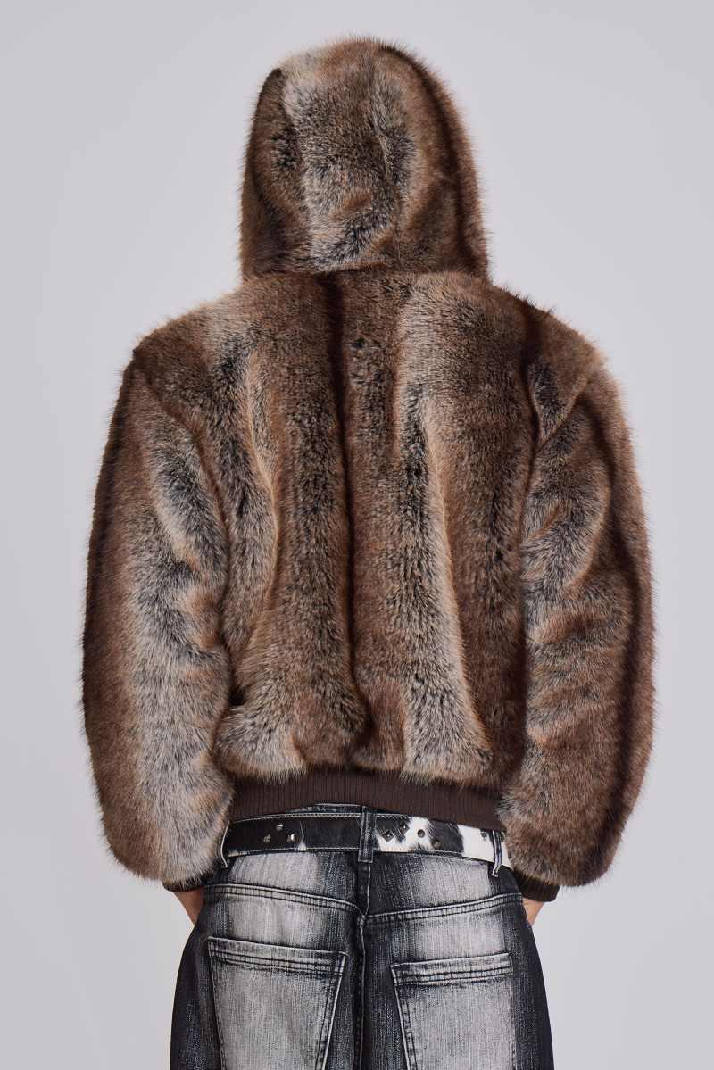 Jaded London Bear Faux Fur Hooded Jacket Brown