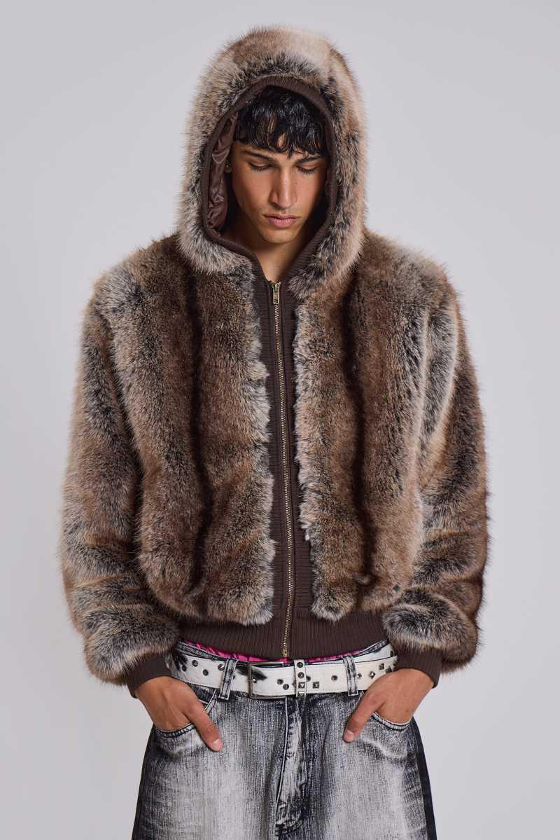 Jaded London Bear Faux Fur Hooded Jacket Brown