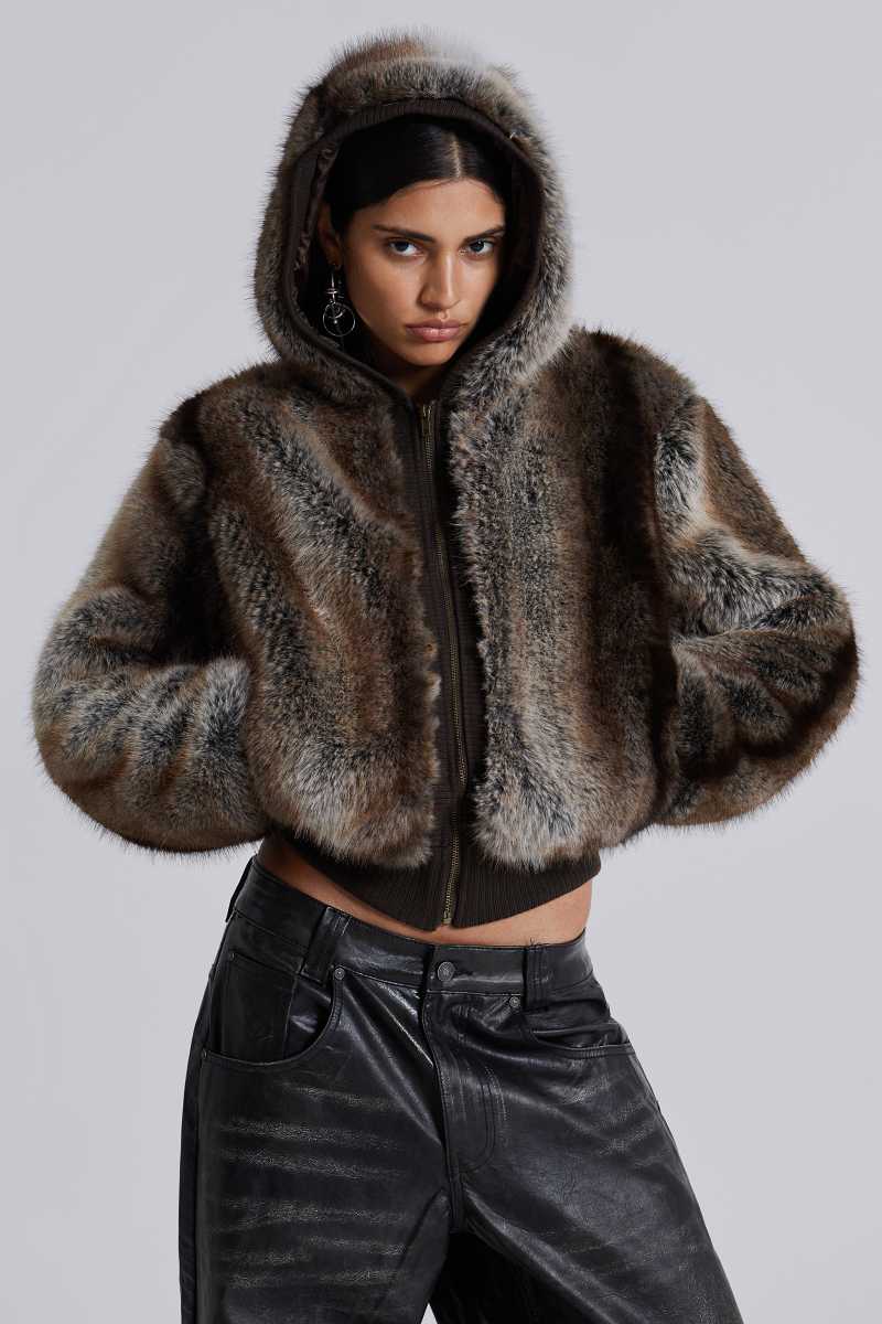 Jaded London Bear Faux Fur Hooded Jacket Brown