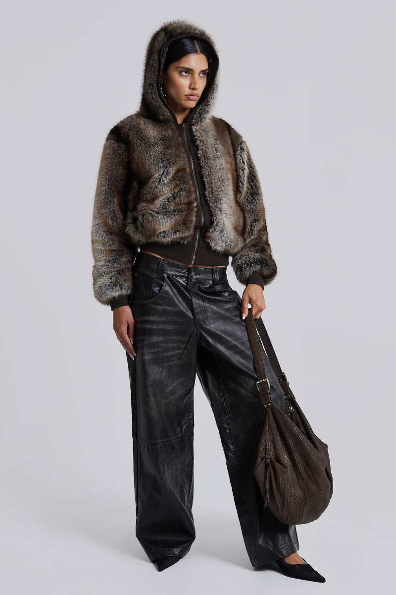 Jaded London Bear Faux Fur Hooded Jacket Brown