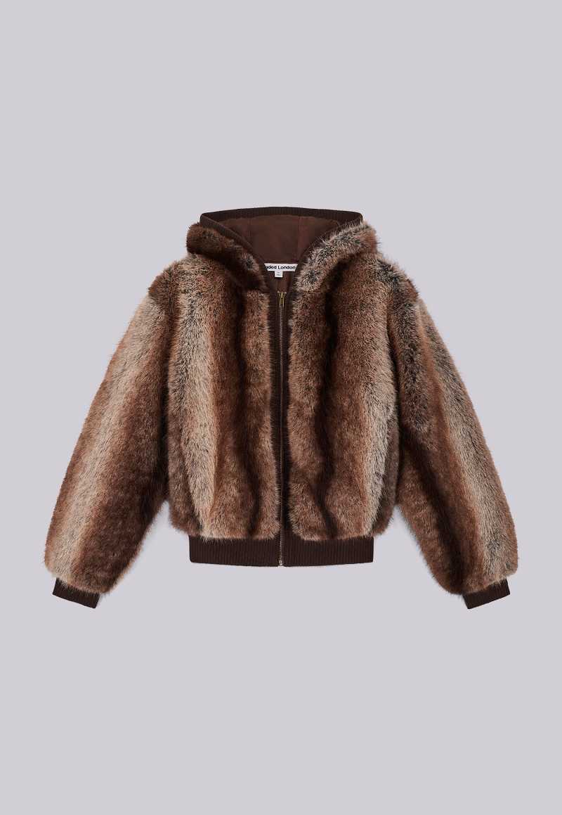Jaded London Bear Faux Fur Hooded Jacket Brown