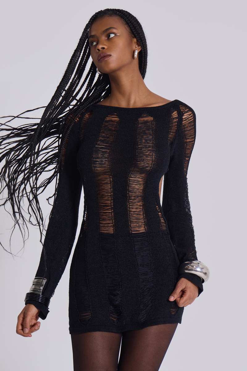 Jaded London Black Umbra Shredded Mini Dress Black