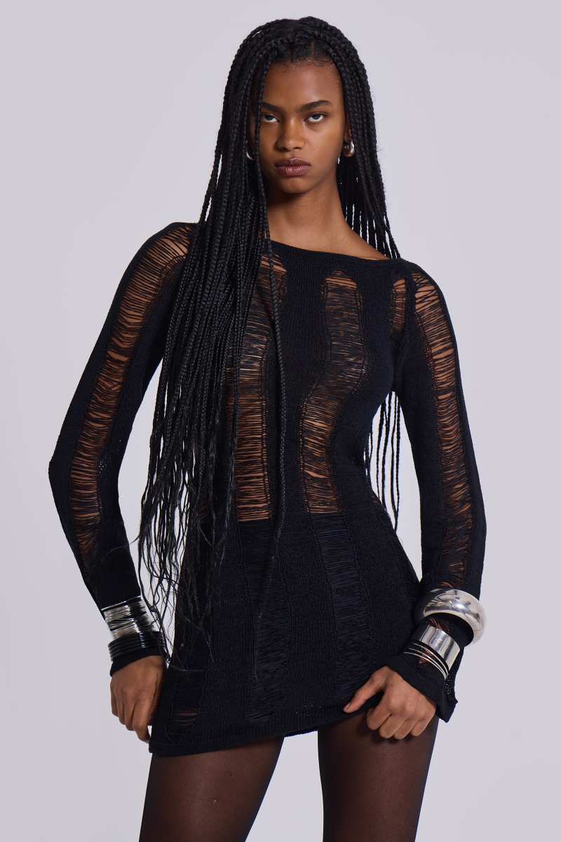 jaded london Black Umbra Shredded Mini Dress Black