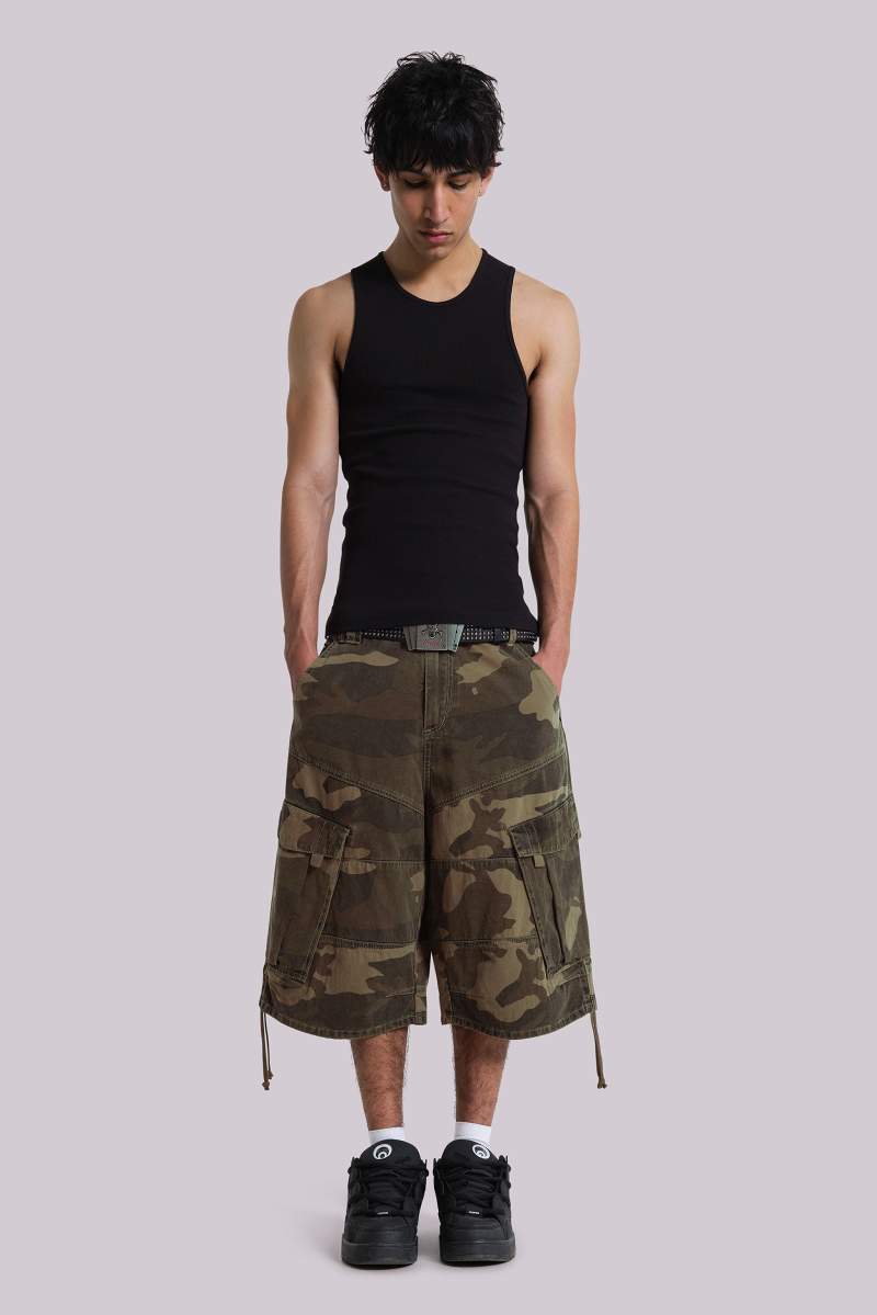 jaded london Cadet Camo Baggy Shorts Khaki