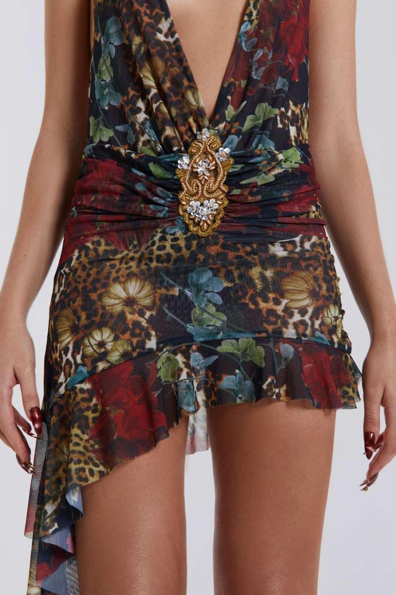 Jaded London Cindy Plunge Mini Dress In Floral Red