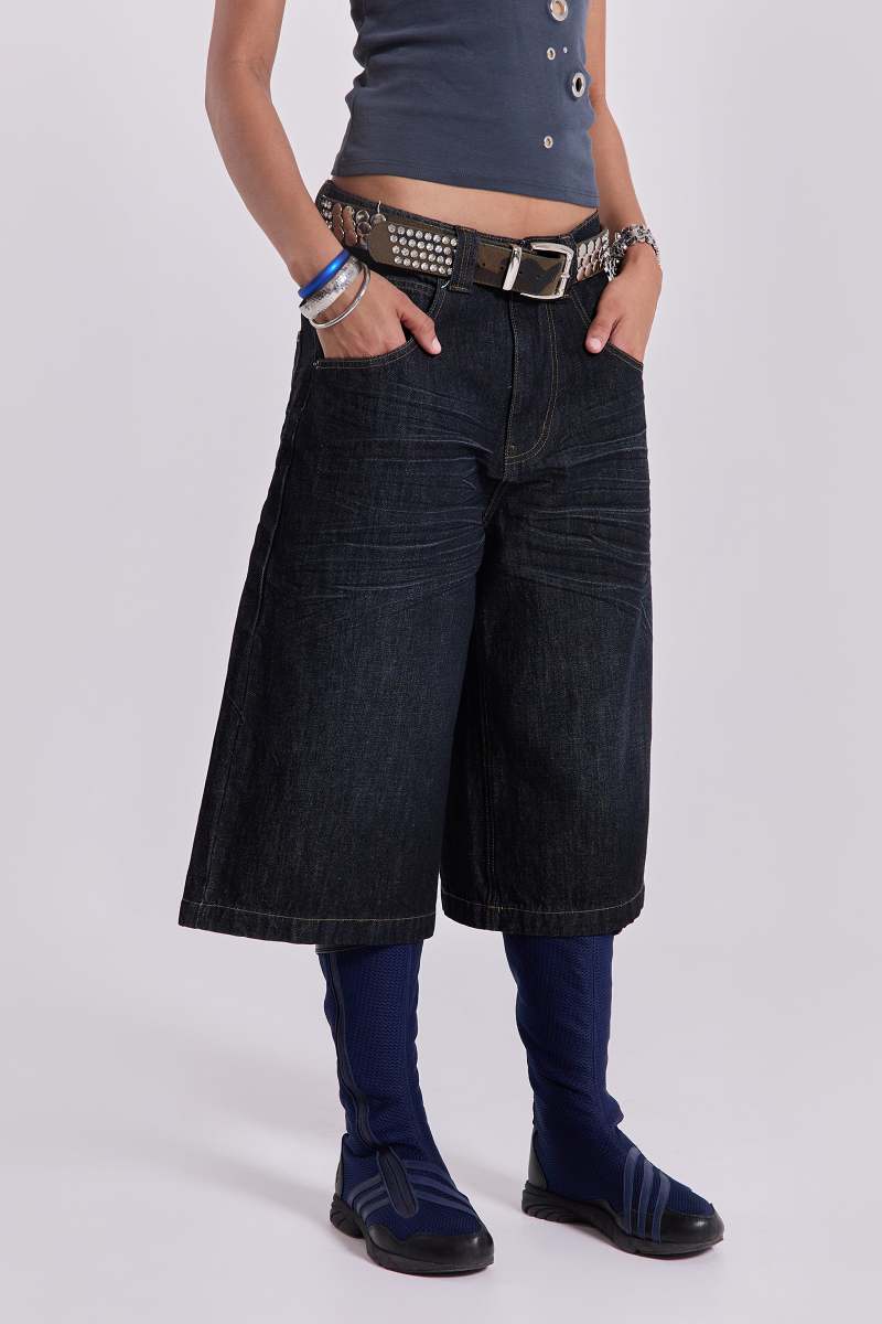 Jaded London Creased Indigo Colossus Jorts Blue