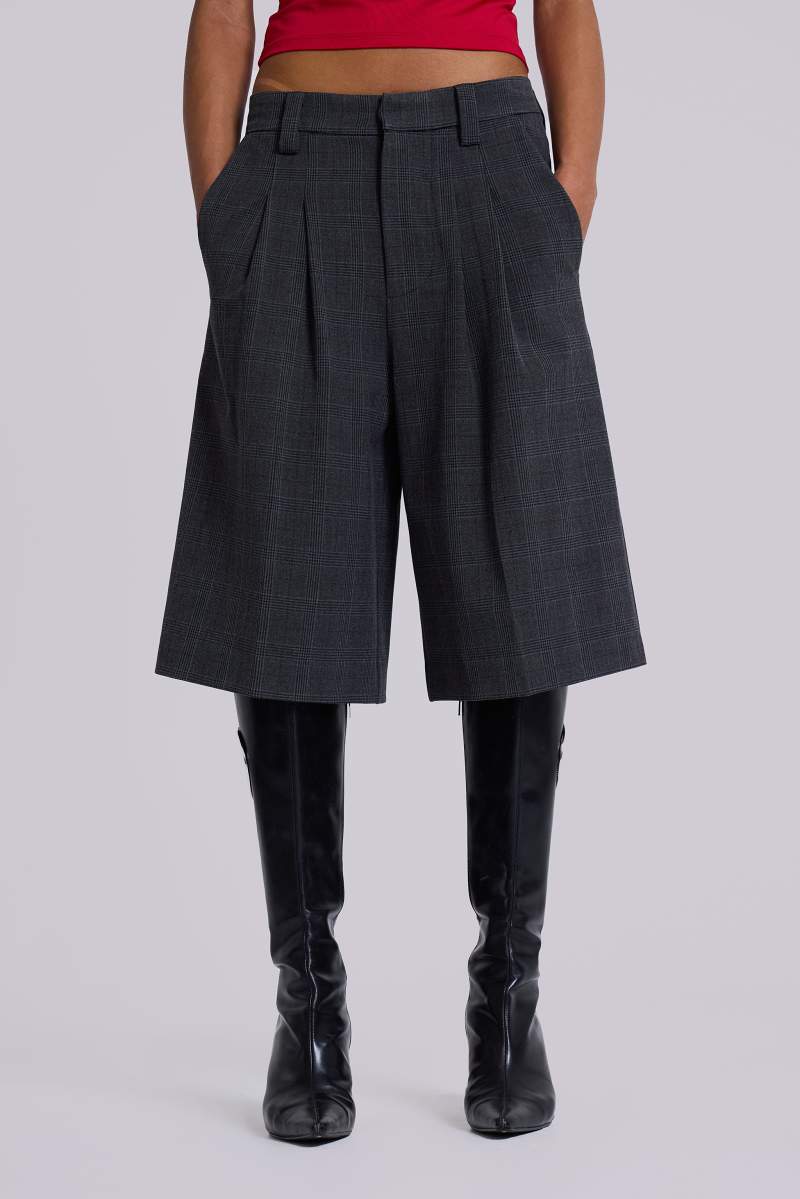 jaded london Dark Check Goliath Shorts Brown