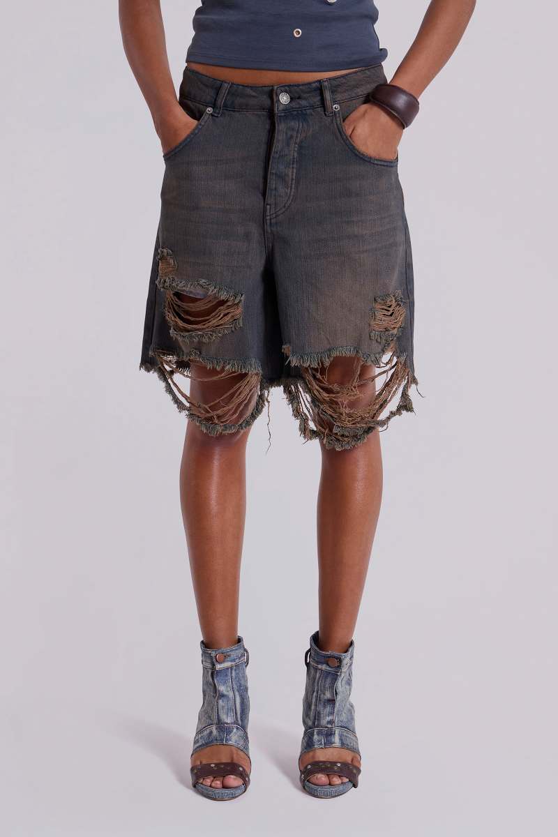 Jaded London Dark Vintage Wash Glasto Shorts Blue