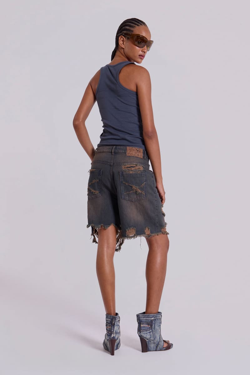 Jaded London Dark Vintage Wash Glasto Shorts Blue