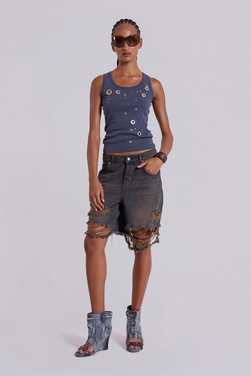 Jaded London Dark Vintage Wash Glasto Shorts Blue
