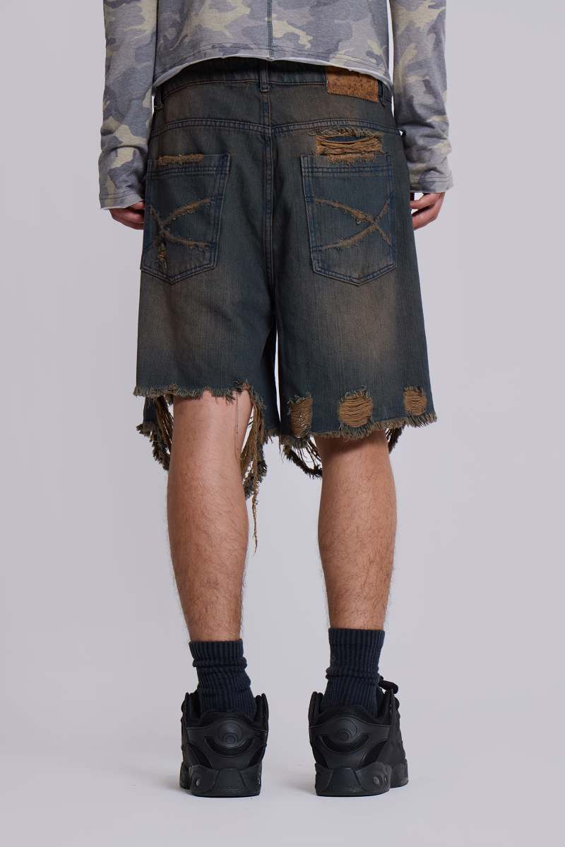 Jaded London Dark Vintage Wash Glasto Shorts Blue