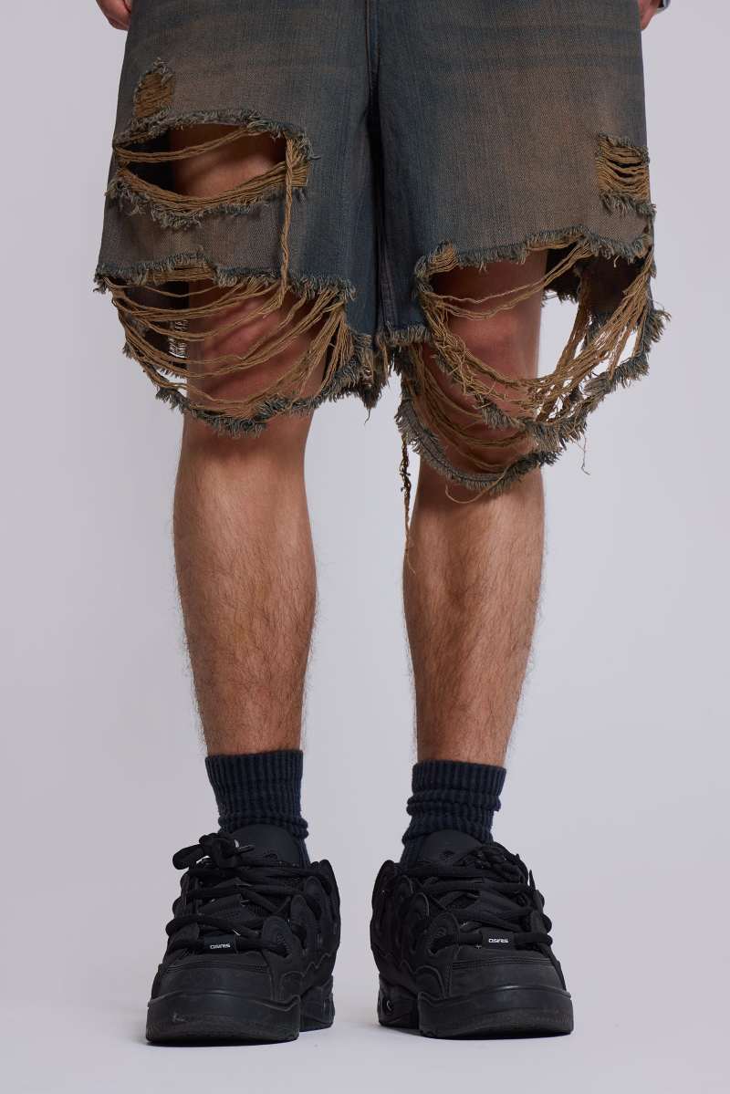 Jaded London Dark Vintage Wash Glasto Shorts Blue