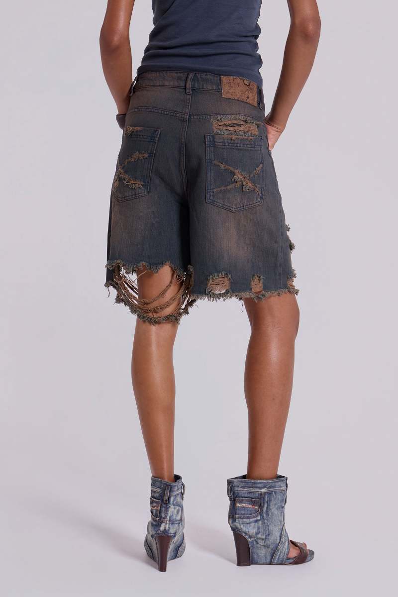 jaded london Dark Vintage Wash Glasto Shorts Blue