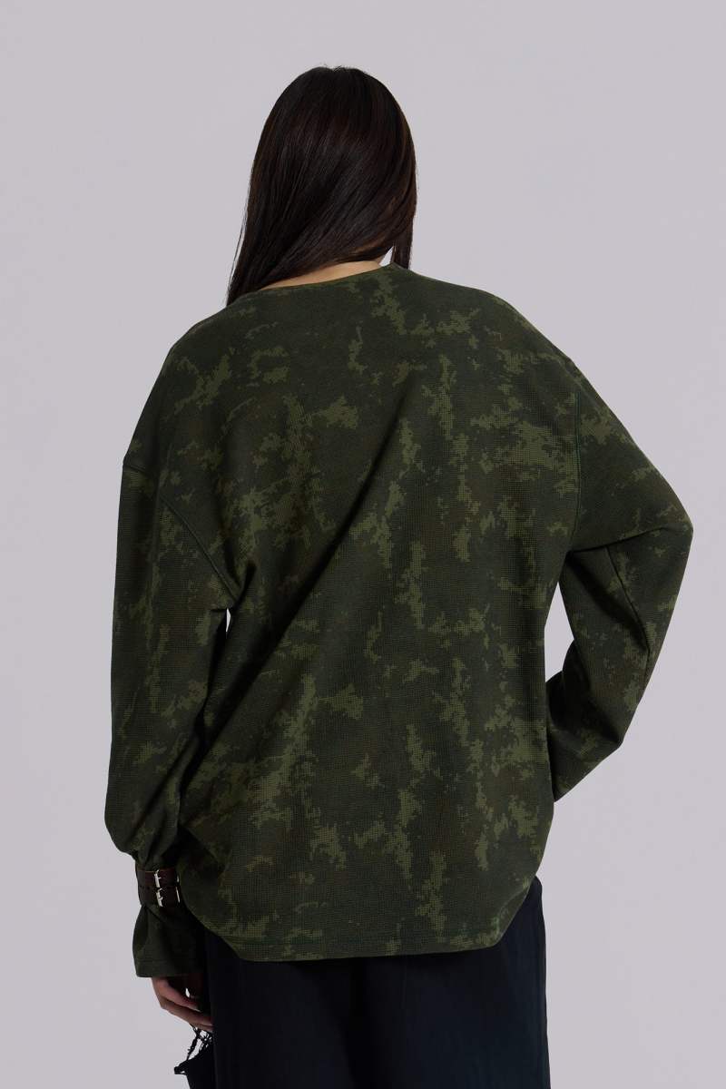 Jaded London Digi Camo Waffle Henley Top Camo