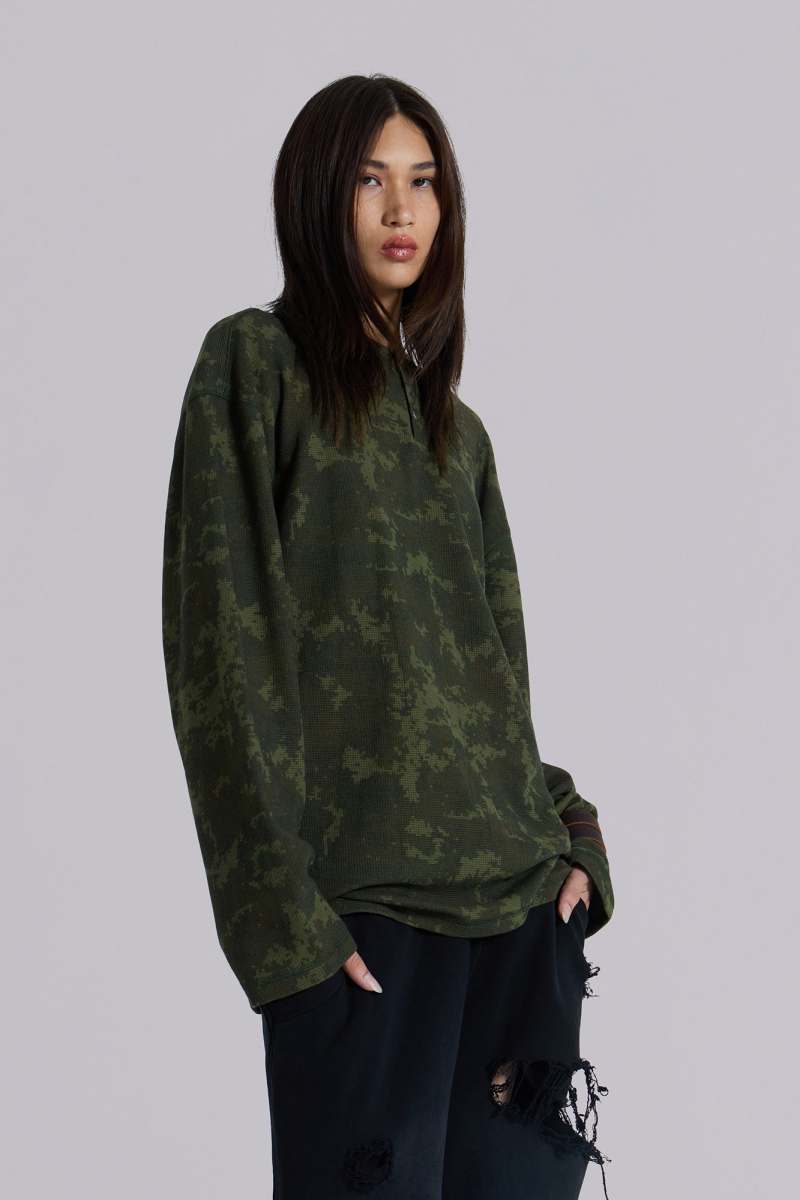 Jaded London Digi Camo Waffle Henley Top Camo