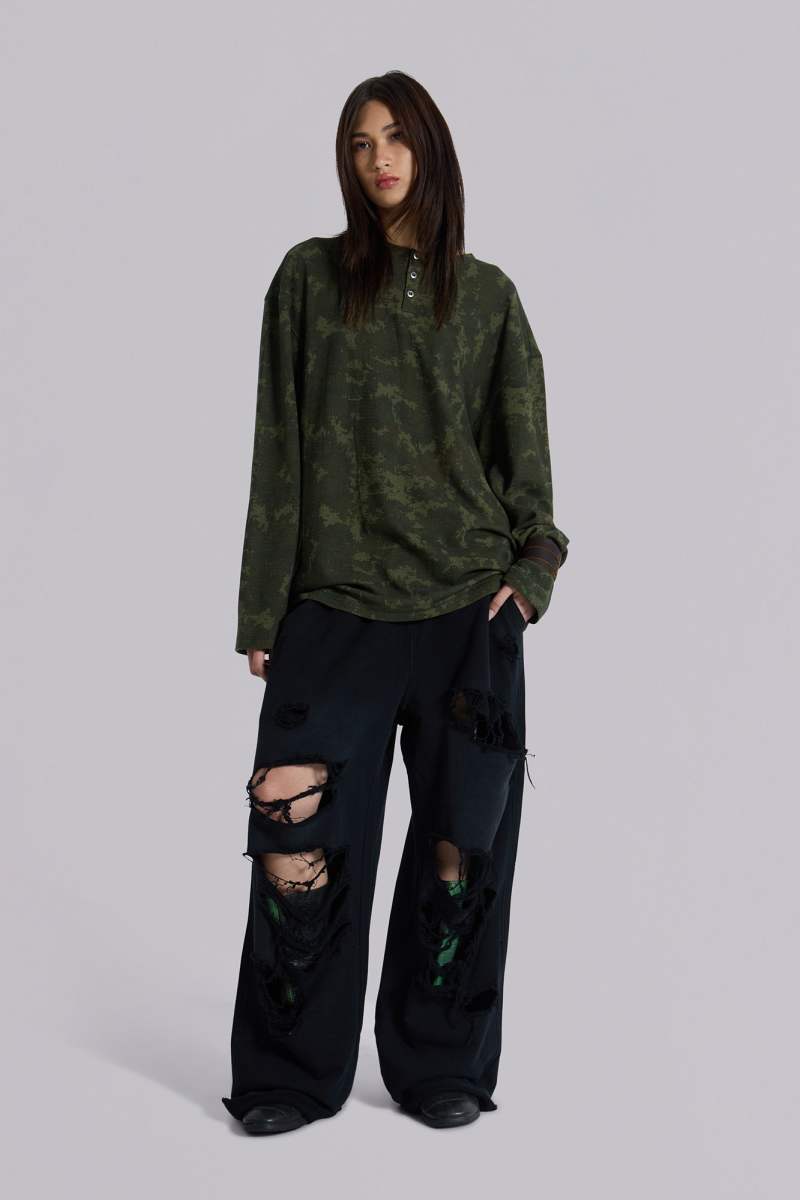 jaded london Digi Camo Waffle Henley Top Camo