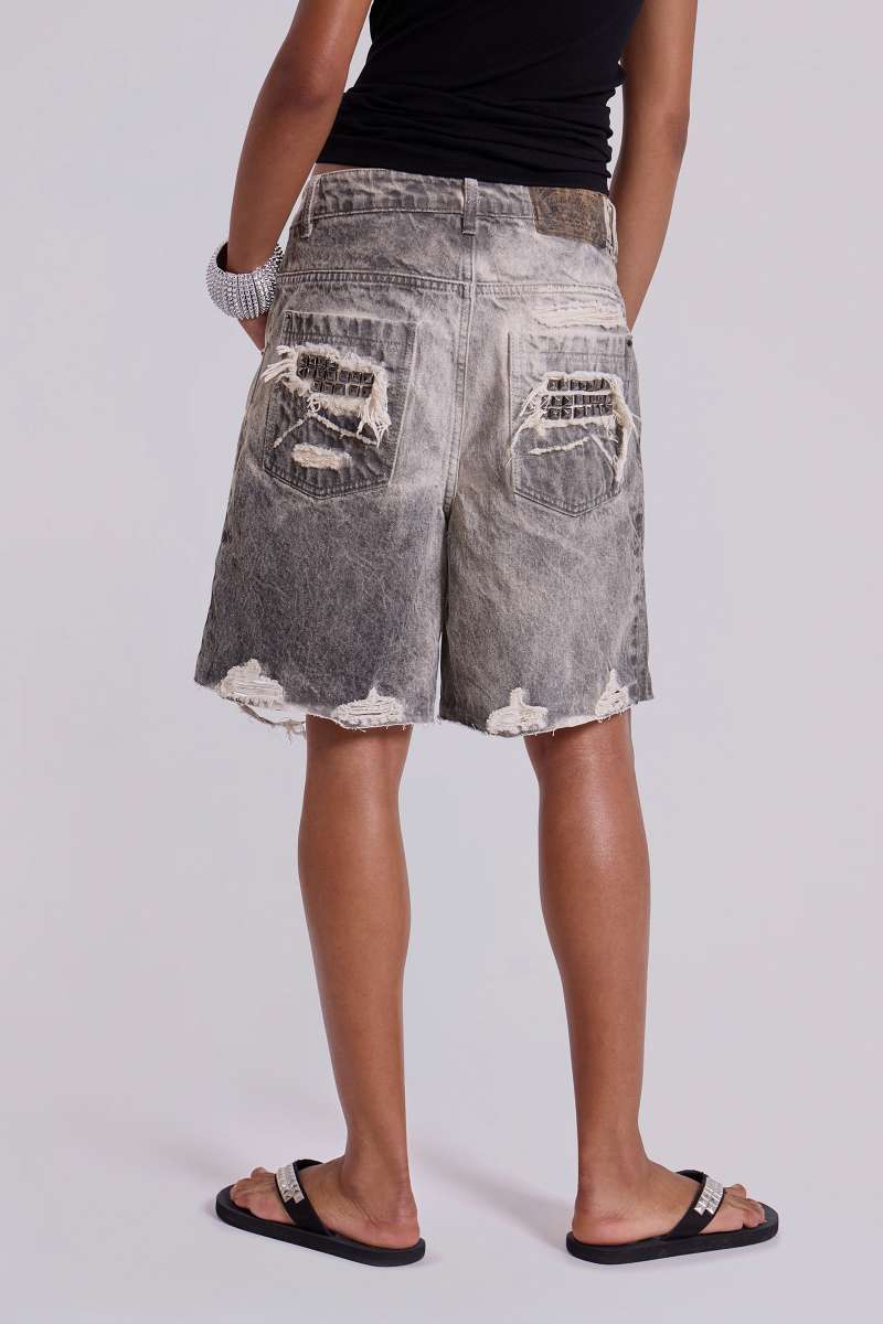 Jaded London Dirty Studded Glasto Shorts Off White
