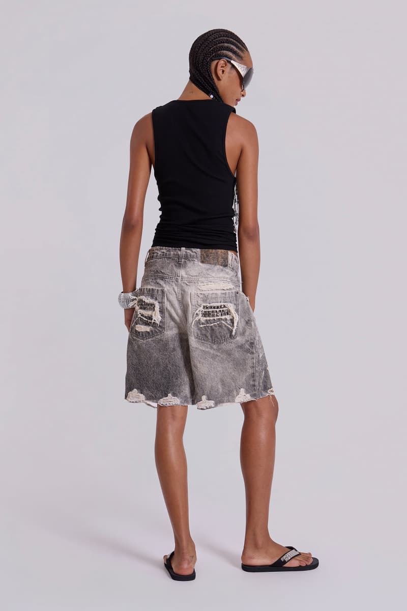 Jaded London Dirty Studded Glasto Shorts Off White
