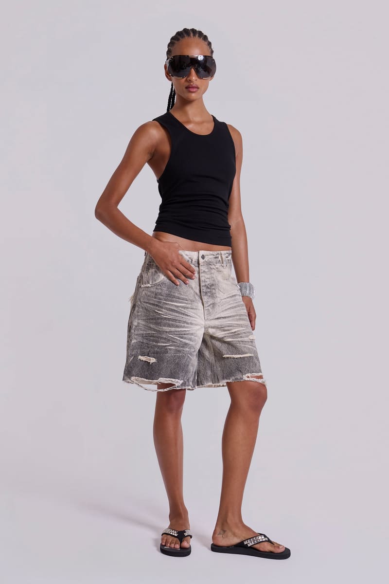 Jaded London Dirty Studded Glasto Shorts Off White