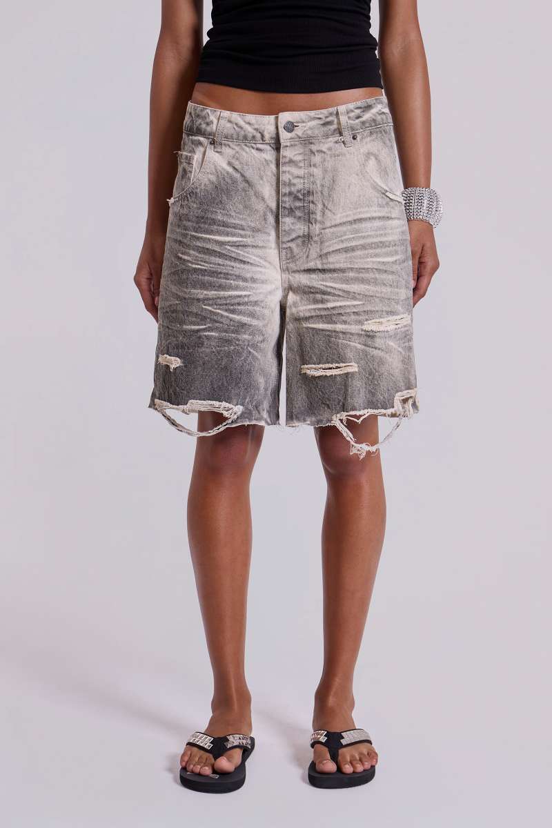 jaded london Dirty Studded Glasto Shorts Off White