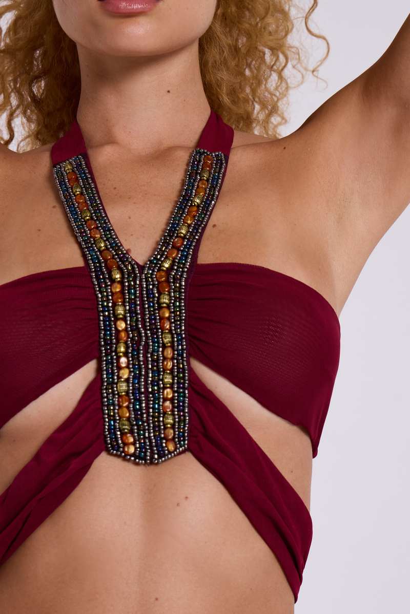 Jaded London Etta Beaded Halter Top Burgundy
