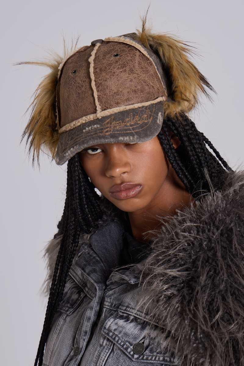 jaded london Faux Fur Cap Beige