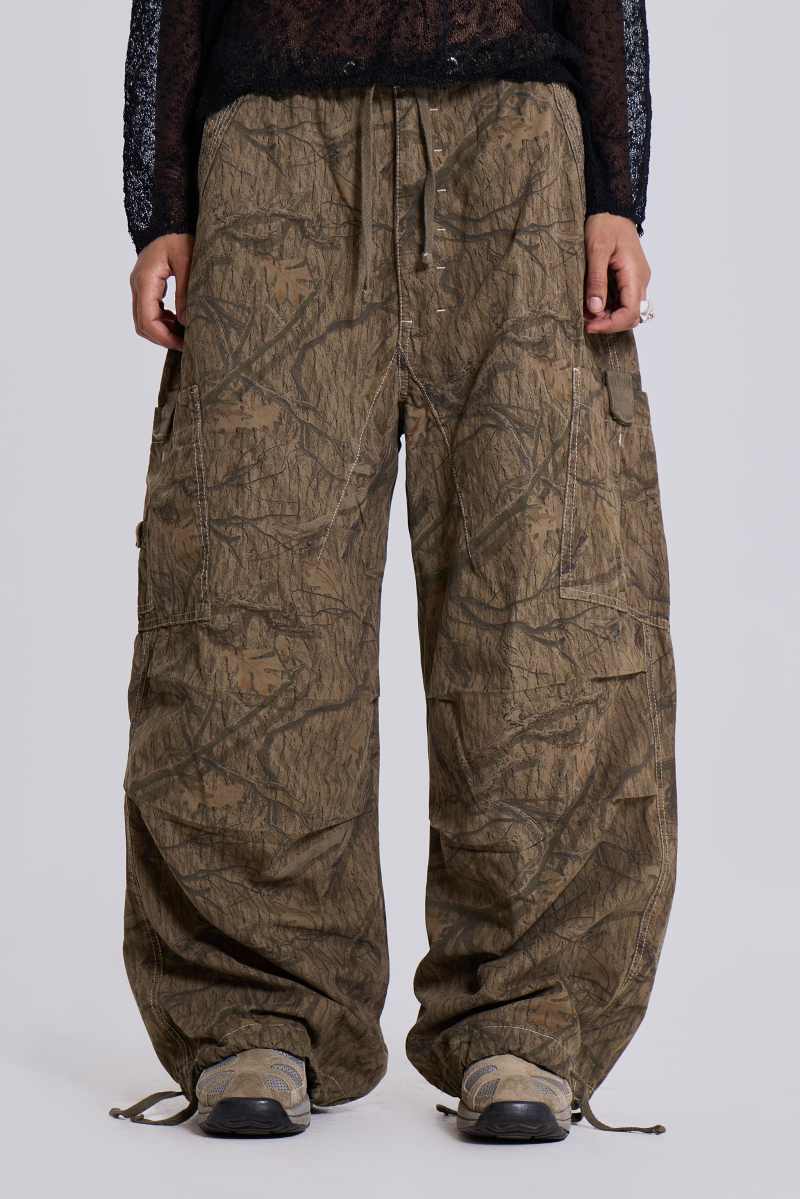 jaded london Forest Camo Parachute Pants Green