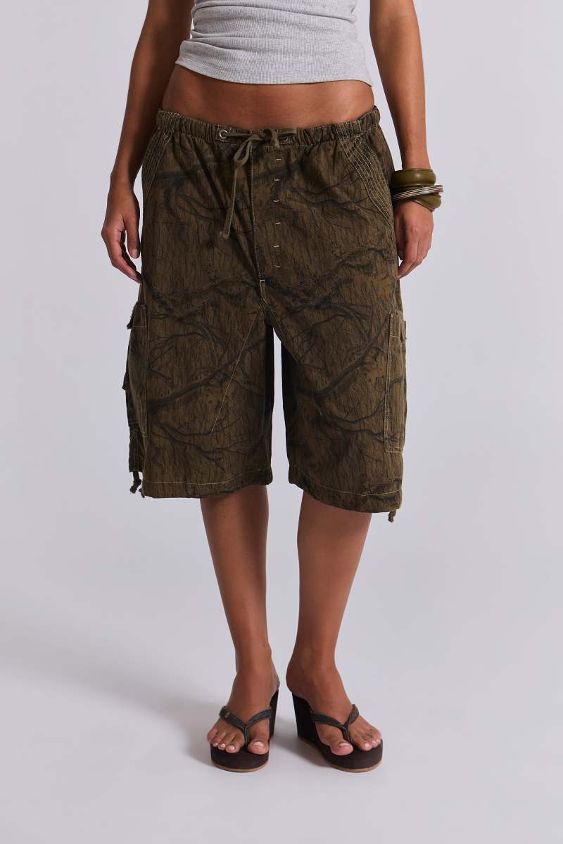jaded london Forest Camo Parachute Shorts Green