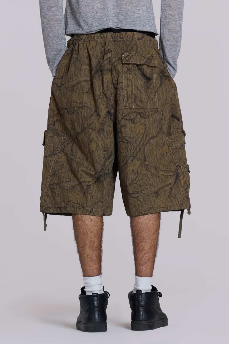 Jaded London Forest Camo Parachute Shorts Khaki
