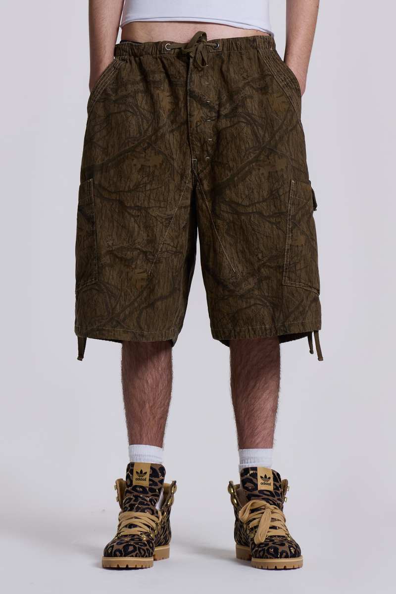 Jaded London Forest Camo Parachute Shorts Khaki
