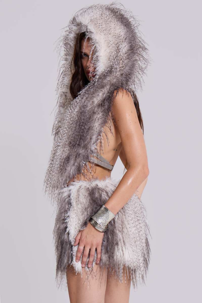 Jaded London Haka Faux Feather Fur Mini Skirt Grey